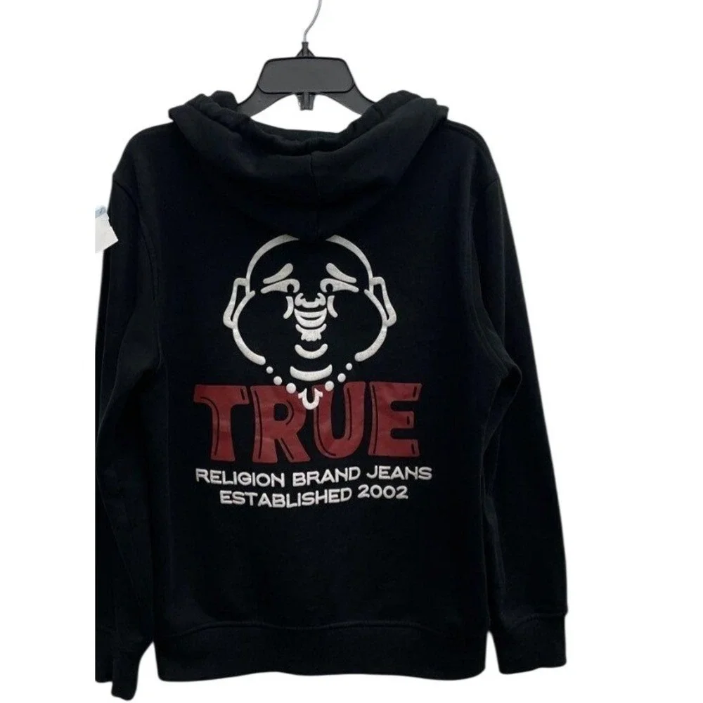True Religion Mens Black Buddha Logo Zip Up Hoodie Sweatshirt Size Medium